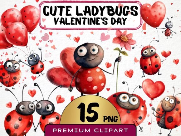 Valentine's Day Illustrations with Cute Ladybugs Clipart